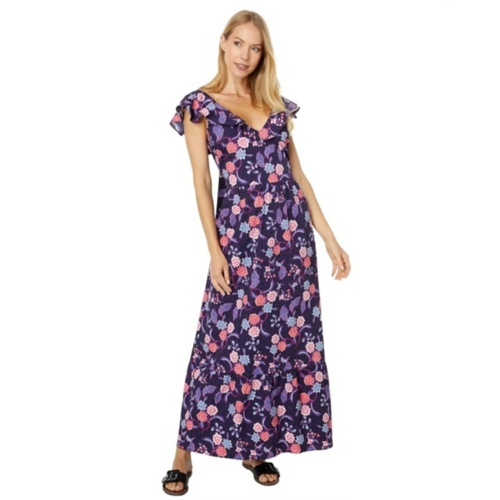 NWT H Halston Sleeveless Ruffled Strap Dress Batik Blossom Black Floral Maxi New
